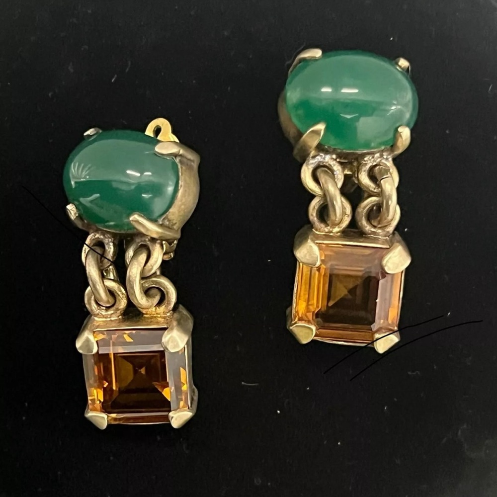 Amber and Jade Designer Dangle Clip 
 Earrings